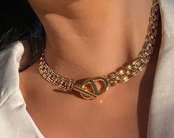 THEIA | Gold Chain Necklace | Vintage Gold Link Necklace | Toggle Necklace | Thick Flat Chain Necklace | Gold Choker | Panther Link Necklace