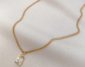 AMATIA | 18k Gold-Filled | Minimalist CZ Pendant Necklace | Baguette Diamond Necklace | Dainty Solitaire Necklace | Women's Jewelry Gift