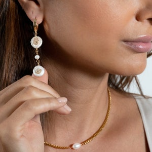 CHESHM | 18k Gold-Plated Earrings | Evil Eye Earrings | Hamsa Hand Earrings | Pearl Dangle Earrings | Freshwater Pearl Earrings | Real Pearl