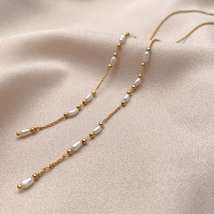 Fresh Water Pearl Dangle Threader Earrings in 18K Gold, SAGHI by LUVLACEDESIGNS image 1