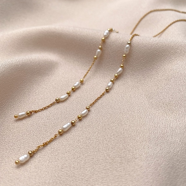 Fresh Water Pearl Dangle Threader Earrings in 18K Gold, SAGHI by LUVLACEDESIGNS