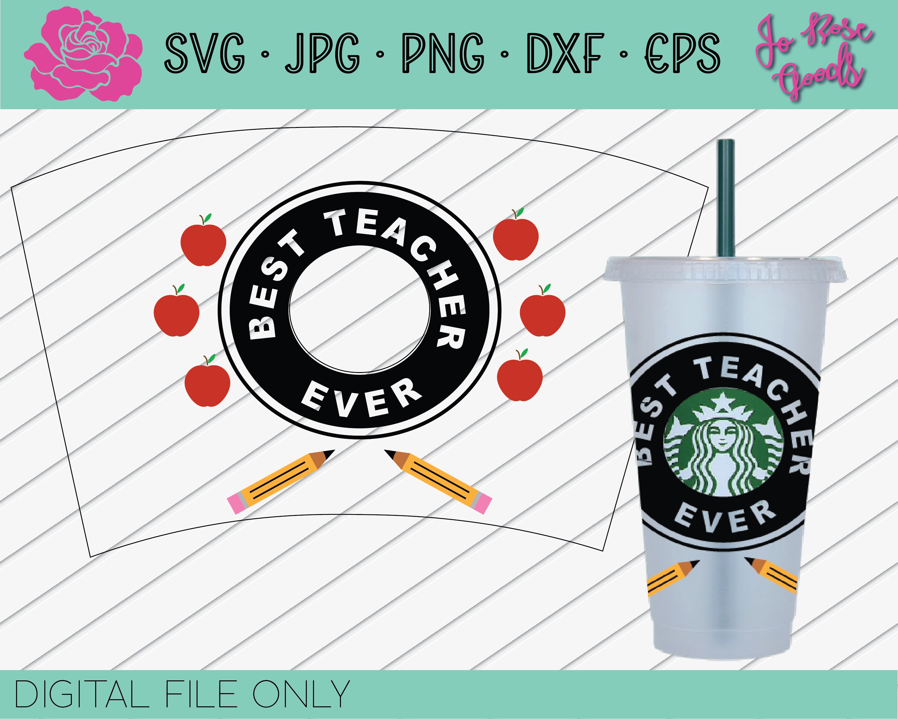 Download Best Teacher Ever Apples Starbucks Venti Cold Cup Wrap | Etsy