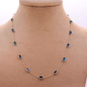 Blue Topaz Gemstone Necklace, 18k Yellow Chain Necklace, Topaz Gemstone Necklace, Long Chain Necklace, Personalization Gift