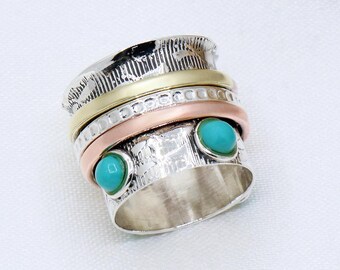 ボヘミアン　ターコイズ　シルバーリング　5点セット ブルーコッパーターコイズスターリングシルバーリング：5バンド