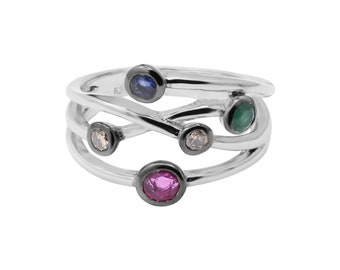 Designer Emerald & Blue Sapphire Rings, Ruby Diamond Rings, Multi Gemstone Rings, 925 Silver Statement Rings, Multi Color Engagement Rings