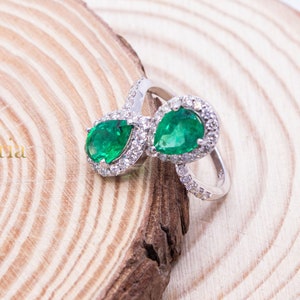 Green Emerald Diamond Ring, 18k White Gold Ring, Emerald Halo Bypass Ring, Pear Cut Emerald Diamond Ring, Birthday Gift