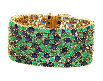 29.24 CT Colombian Emerald Bracelet, Diamond Bracelet, Natural Blue Sapphire Bangle 18K Gold Bangles Bracelet, Festival  Gifts