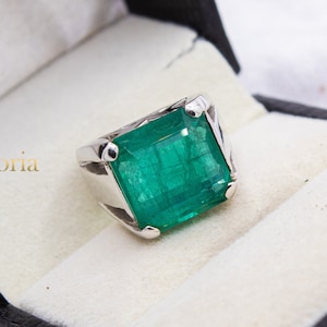 Emerald Diamond Ring, 18k White Gold Emerald Ring, Men&#39;s Emerald Ring, Signer Emerald Jewelry Ring, Surprised Ring, Birthday Gift