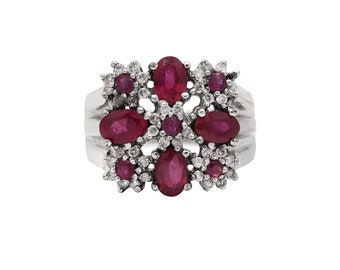 Ruby Diamond Flower Ring: 925 Sterling Silver July Birthstone