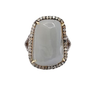 Gray Chalcedony Ring, 925 Sterling Silver Ring, Handmade Raw Chalcedony Diamond Ring, Vintage Gray Chalcedony Jewelry, Rings for Women