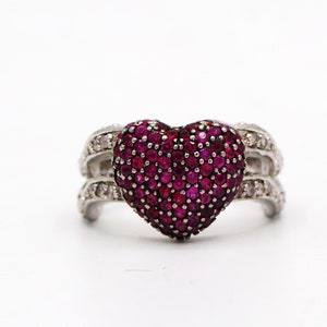 Anel de coração com pedra preciosa de rubi natural, anel feito à mão, anel de coração com pedra preciosa rosa e diamante, prata esterlina 925, anel de declaração
