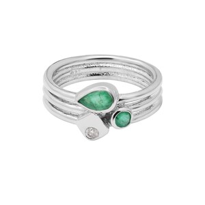 Dainty Emerald Ring, Unique Emerald Diamond Ring, 925 Sterling Silver Ring, Pear Round Double Cut Stone Ring for Women, Valentine&#39;s Day Gift