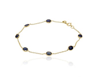18k Yellow Gold Blue Sapphire Gemstone Bracelet, Gemstone Jewelry Bracelet, Oval Gemstone Bracelet, Bezel Link Chain Bracelet Gift