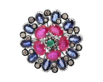 Sapphire & Ruby Emerald Gemstone Ring, 925 Sterling Silver