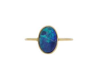 Blue Fire Opal Ring, Opal Gemstone Ring, 14k Yellow Gold, Handmade Ring, Opal Statement  October Birthstone Ring, Anniversary Gift