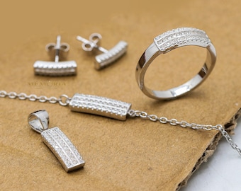 Sterling Silver Zircon Jewelry Set: Handmade CZ Ring, Pendant & Bracelet