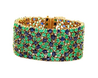 29.24CT Colombian Emerald Gemstone Bangle, Solid Gold Diamond Bangle, Natural Blue Sapphire Bangle, 18K Yellow Gold Bangle, Gifts
