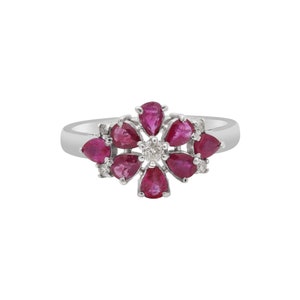Zilveren ring met robijnrode bloem, ring met robijn en diamant, 925 sterlingzilver, sierlijke bloemenring, handgemaakte ring voor vrouwen, stapelring, cadeau voor haar
