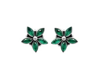 Green Onyx Sterling Silver Floral Stud Earring