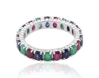Sterling Silver Multi Gemstone Eternity Band Ring - Ruby, Emerald, Sapphire