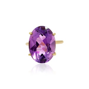 Purple Amethyst Oval Faceted Gemstone Ring, Oval Cut Gemstone Ring, 18k Yellow Gold Ring, Amethyst Gold Ring, Birthday Gift