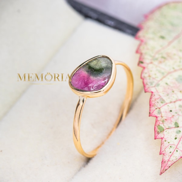 Anillo de turmalina sandía en oro amarillo de 14 k: anillo llamativo en racimo