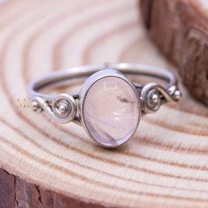 Rosenquarz Runder Cabochon Ring, 925 Sterling Silber Ring, Quarz Runder Edelstein Ring, Statement Ring, Solitär Ring, Geburtstagsgeschenk