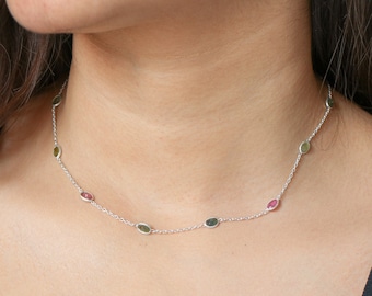 Rainbow Tourmaline Sterling Silver Station Necklace
