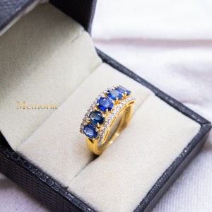 Sapphire Oval Faceted Gemstone Ring, Sapphire Half Eternity Band Ring, Sapphire Band Ring, 18k Yellow Gold Ring, Birthday Gift