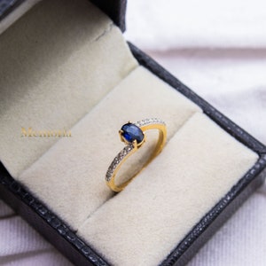 Natural Blue Sapphire Ring, 14k Yellow Gold Ring, Diamond Sapphire Ring, Engagement Sapphire Ring, Half Eternity Diamond Ring