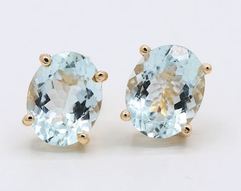 Aquamarine Oval Faceted Gemstone Stud Earring, 14k Yellow Gold Plated Stud Earring, Stud Jewelry Earring, Personalization Gift