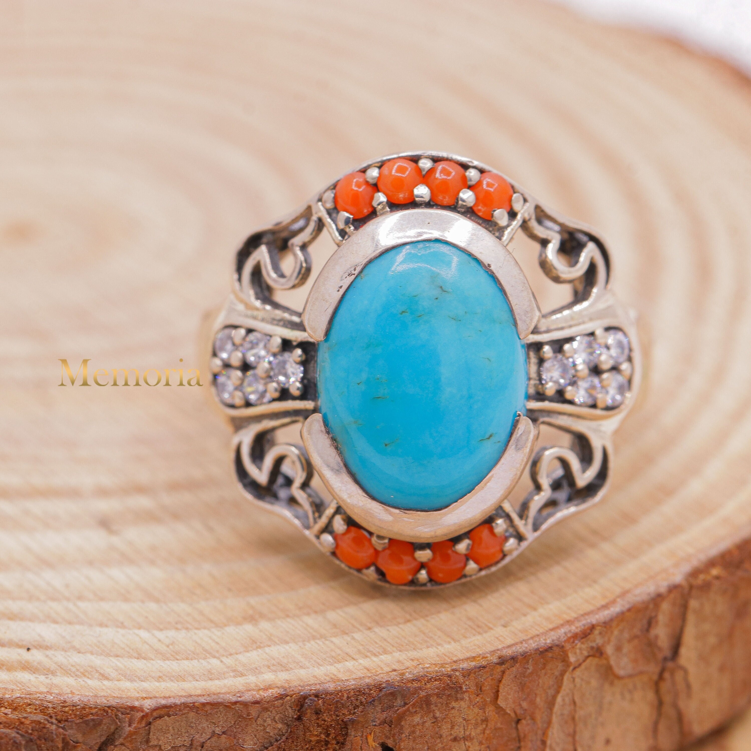 Bague Argent Avec Turquoise Et Corail Rouge - Bijou Neuf Sans Emballage - Pierre Naturelle - Style Ethnique