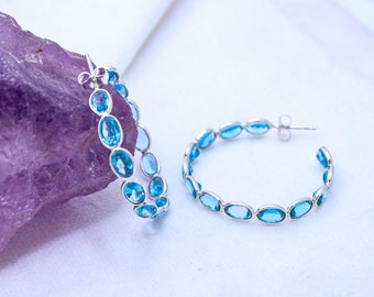 Blue Topaz Gemstone Hoop Earring : 925 Sterling Silver