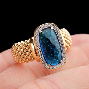 Anel delicado com pedra azul, anel com zircônia cúbica, anel de prata esterlina 925, anel banhado a ouro amarelo, presente de aniversário