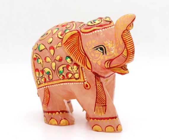 Rose Quartz Elephant Statue: Handmade Indian Meenakari Painted Rose Quartz Elephant Statue: Handmade Indian Meenakari Painted