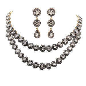 Front view of a natural Polki diamond necklace with gold and 925 silver mix, elegant bridal jewelry