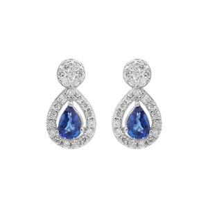 Blue Sapphire Pear Faceted Gemstone Earring, Diamond Stud Earring, 14k White Gold Earring, Engagement Gold Earring, Birthday Gift