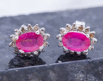 Ruby Gemstone Diamond Earring : 925 Sterling Silver