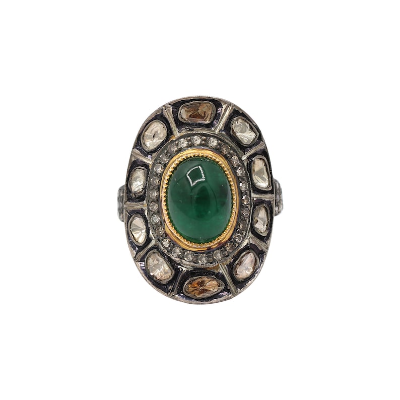 925 Sterling Silver Diamond Emerald Ring