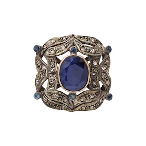 Blue Sapphire Ring, 925 Sterling Silver Ring, Vintage Sapphire Diamond Ring, Boho Diamond Sapphire Ring, Unique Sapphire Ring Valentine Gift