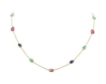 Green Emerald Ruby Sapphire Necklace : Yellow Plated 925 Sterling Silver