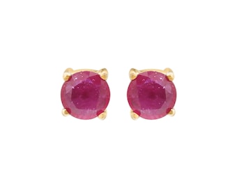 14k Gold Ruby Stud Earring : Round Faceted Gemstone