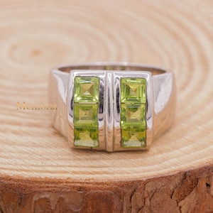 Peridot Square Ring, 925 Sterling Silver Jewelry Ring, Peridot Dome Band Ring, Large Dome Ring Band, Gemstone Jewelry Ring, Birthday Gift