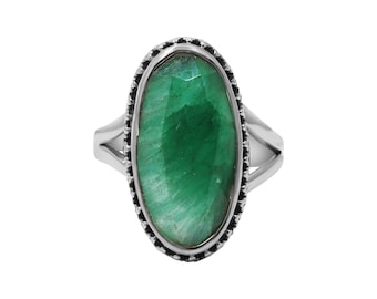 Emerald Oval Gemstone Ring, 925 Sterling Silver