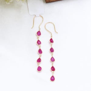 18k Yellow Gold Dangle Earring, Ruby Gemstone Earring, Ruby Dangle Drop Earring, Pear Faceted Ruby Earring, Birthday Gift