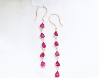 Leaf Designer Rubies Pear Dangle Earring : 18k Yellow Gold
