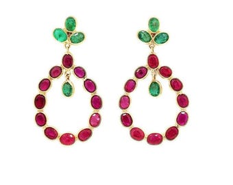 Ruby Emerald Dangle Earring : 18k Yellow Gold