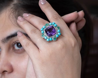 Natural Amethyst & Turquoise Rings,  925 Silver, Victorian Ring, Turkish Diamond And Emerald Ring, Multi Color Ring, Women's Wedding Jewelry