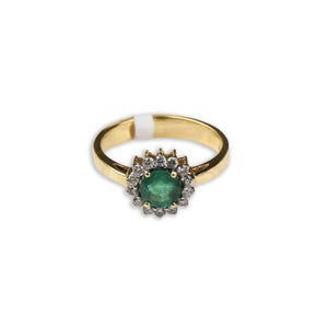 Green Emerald Round Faceted Gemstone Ring, 14k Yellow Gold Ring, Diamond Emerald Ring, Statement Ring, Diamond Ring, Birthday Gift