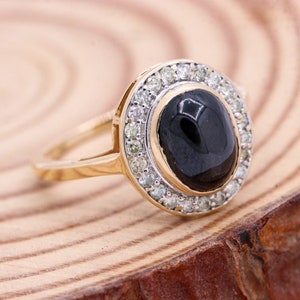 Black Star Halo Ring, 14k Yellow Gold Ring, Black Star Diamond Ring, Vintage Black Star Ring, Boho Black Star Ring, Birthday Gift